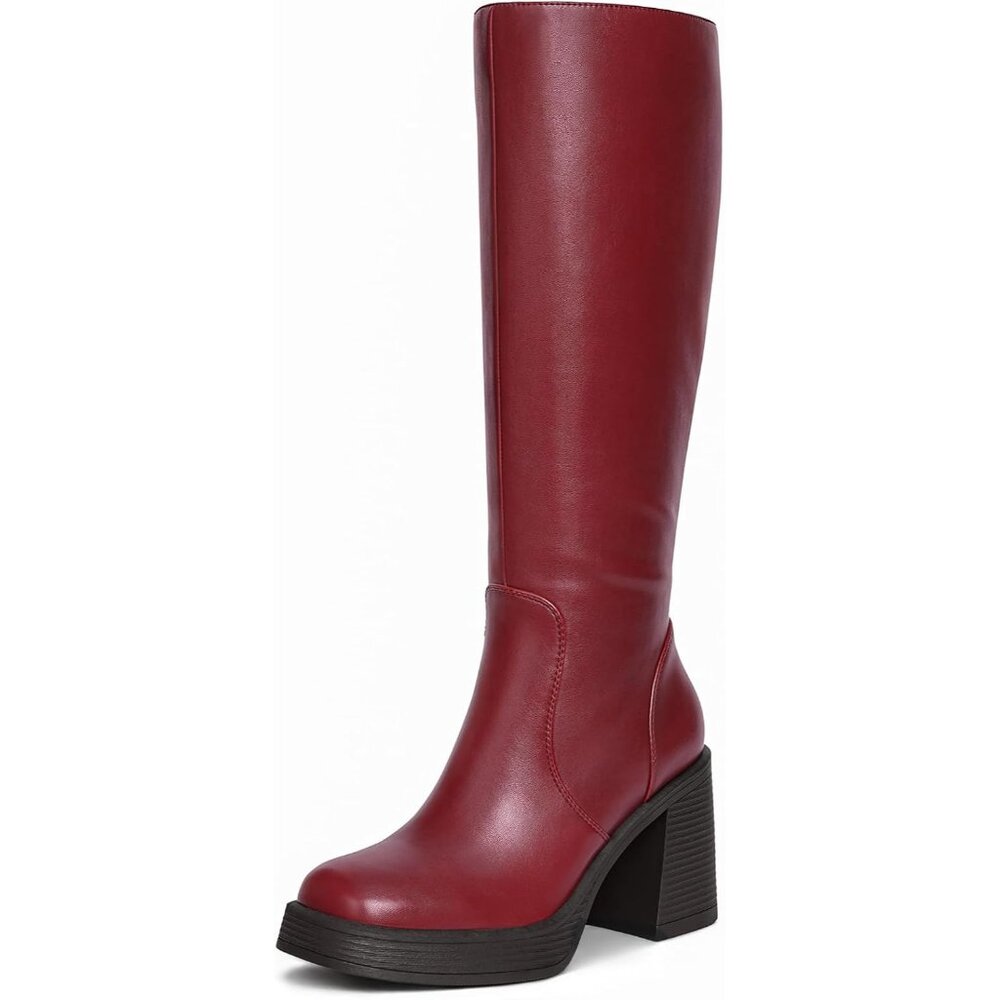 Women's Red Wide Calf Platform Tall  Square Toe Chunky Block Heeled Boots